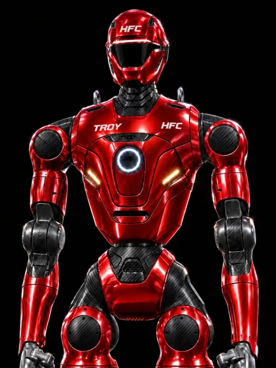 TROY, a red chrome HFC machine, standing against a black backdrop